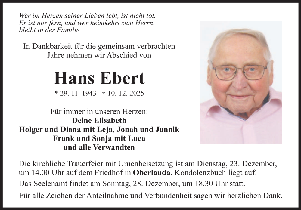  Traueranzeige für Hans Ebert vom 17.12.2025 aus Fränkische Nachrichten