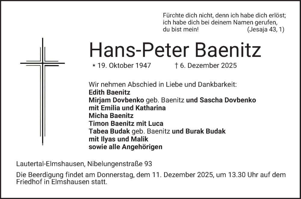  Traueranzeige für Hans-Peter Baenitz vom 09.12.2025 aus Bergsträßer Anzeiger