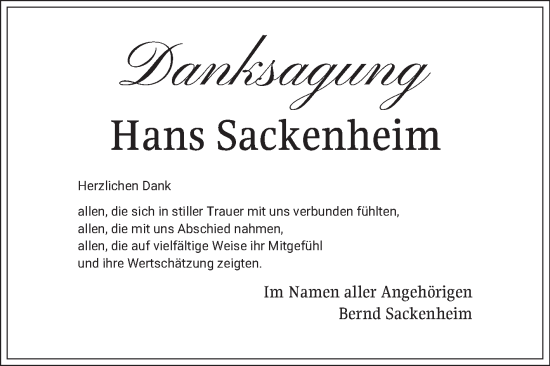 Traueranzeige von Hans Sackenheim von Bergsträßer Anzeiger