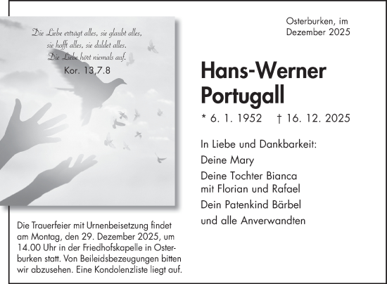 Traueranzeige von Hans-Werner Portugall von Fränkische Nachrichten