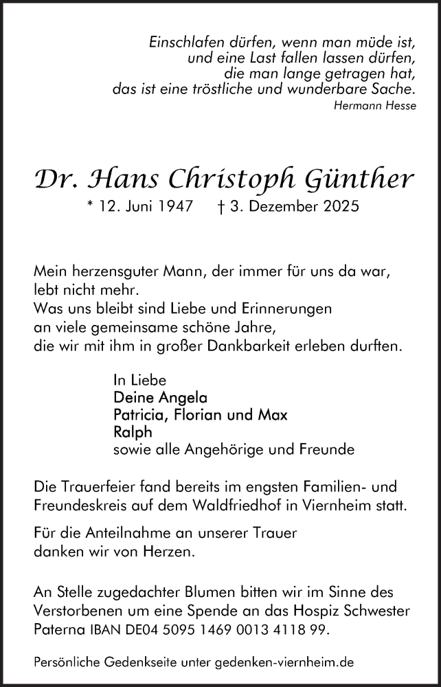  Traueranzeige für Hans Christoph Günther vom 13.12.2025 aus Mannheimer Morgen
