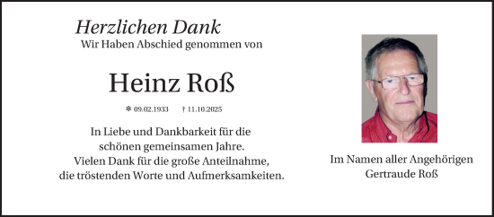 Traueranzeige von Heinz Roß von Bergsträßer Anzeiger