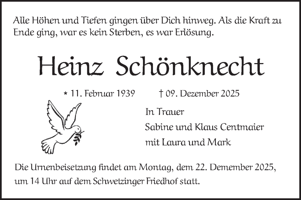  Traueranzeige für Heinz Schönknecht vom 20.12.2025 aus Schwetzinger Zeitung