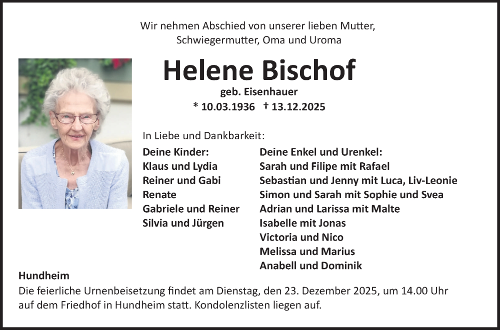  Traueranzeige für Helene Bischof vom 20.12.2025 aus Fränkische Nachrichten