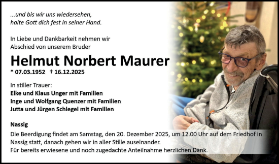 Traueranzeige von Helmut Norbert Maurer von Fränkische Nachrichten