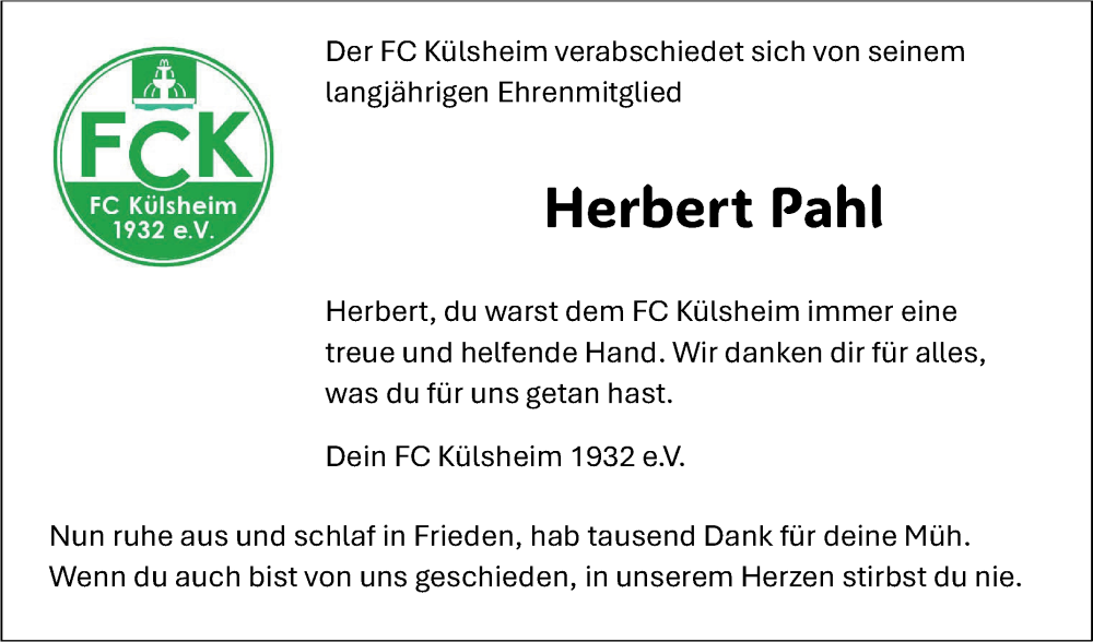  Traueranzeige für Herbert Pahl vom 13.12.2025 aus Fränkische Nachrichten