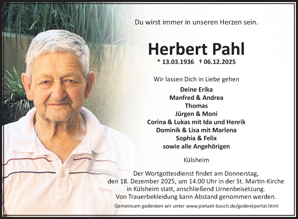  Traueranzeige für Herbert Pahl vom 13.12.2025 aus Fränkische Nachrichten