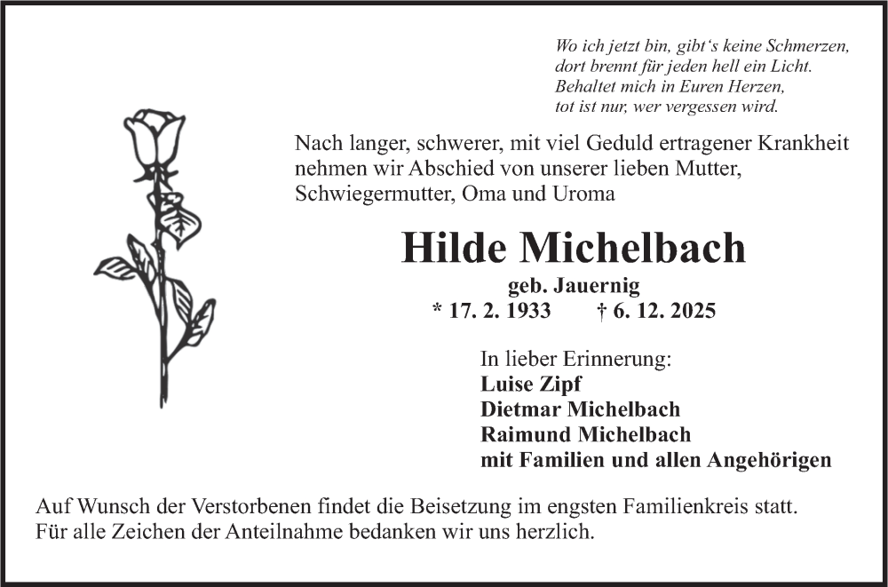  Traueranzeige für Hilde Michelbach vom 10.12.2025 aus Fränkische Nachrichten