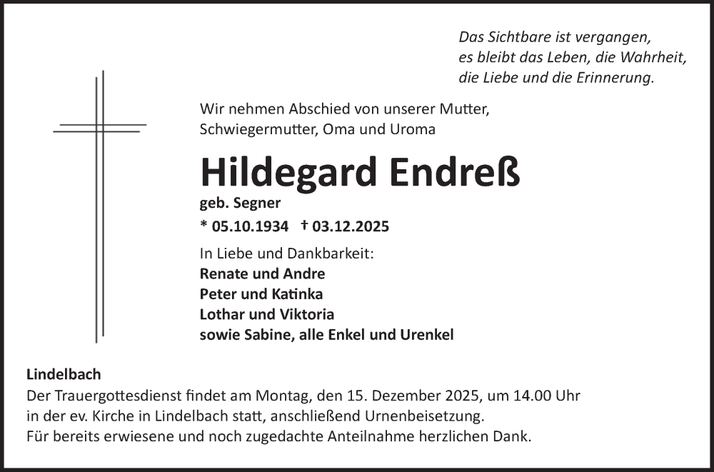  Traueranzeige für Hildegard Endreß vom 09.12.2025 aus Fränkische Nachrichten