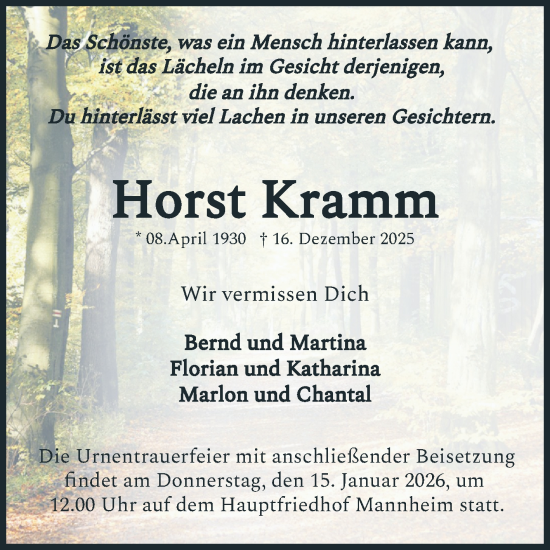 Traueranzeige von Horst Kramm von Mannheimer Morgen