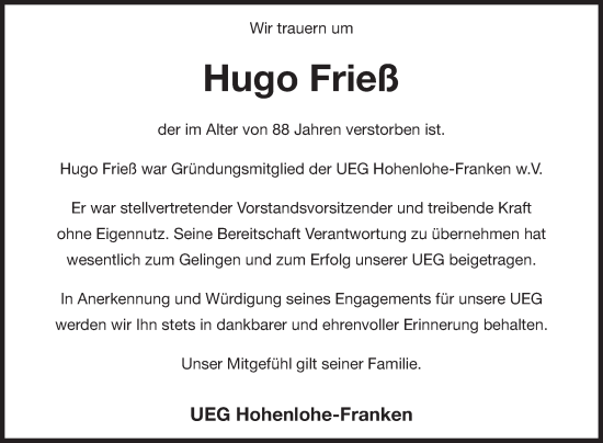 Traueranzeige von Hugo Frieß von Fränkische Nachrichten