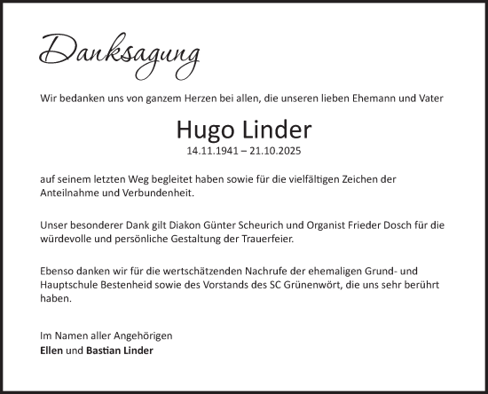 Traueranzeige von Hugo Linder von Fränkische Nachrichten