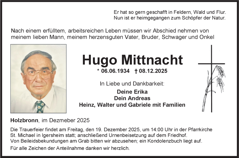  Traueranzeige für Hugo Mittnacht vom 16.12.2025 aus Fränkische Nachrichten