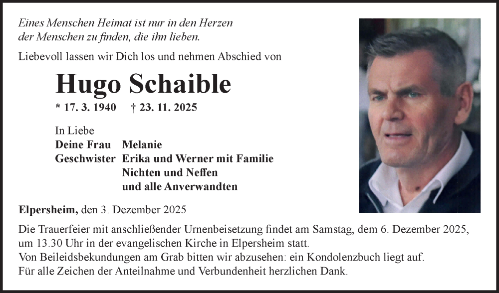  Traueranzeige für Hugo Schaible vom 03.12.2025 aus Fränkische Nachrichten