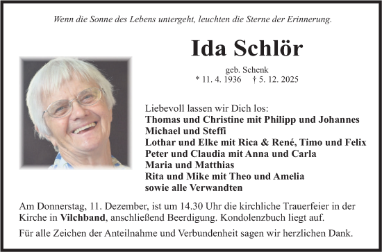 Traueranzeige von Ida Schlör von Fränkische Nachrichten