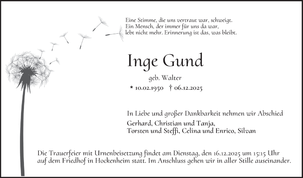  Traueranzeige für Inge Gund vom 13.12.2025 aus Schwetzinger Zeitung