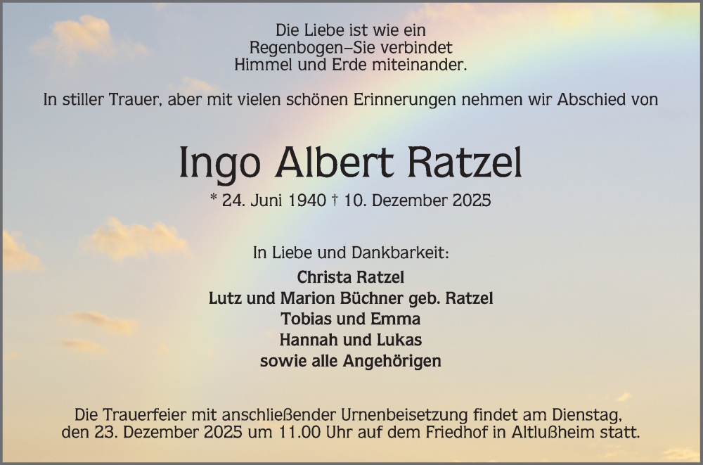  Traueranzeige für Ingo Albert Ratzel vom 20.12.2025 aus Schwetzinger Zeitung