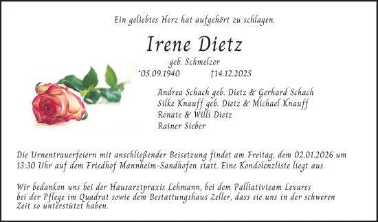 Traueranzeige von Irene Dietz von Mannheimer Morgen