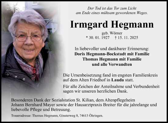 Traueranzeige von Irmgard Hegmann von Fränkische Nachrichten