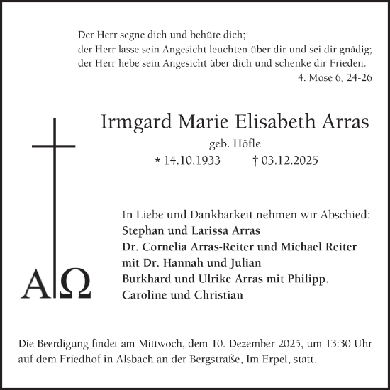 Traueranzeige von Irmgard Marie Elisabeth Arras von Bergsträßer Anzeiger