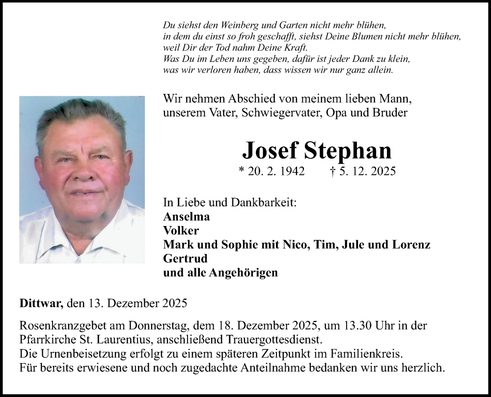  Traueranzeige für Josef Stephan vom 13.12.2025 aus Fränkische Nachrichten