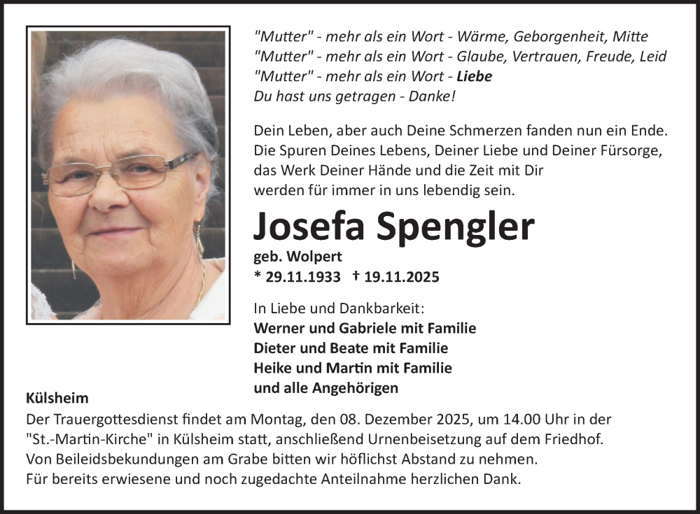  Traueranzeige für Josefa Spengler vom 06.12.2025 aus Fränkische Nachrichten