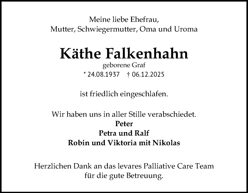  Traueranzeige für Käthe Falkenhahn vom 13.12.2025 aus Mannheimer Morgen