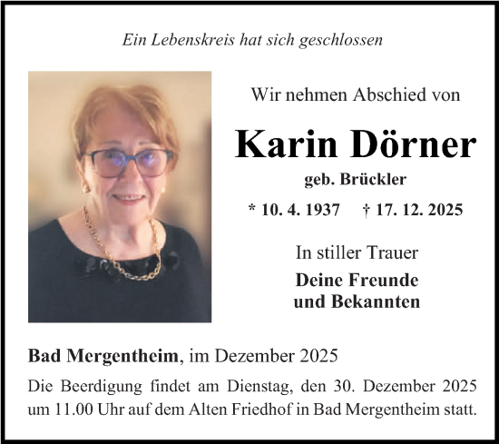 Traueranzeige von Karin Dörner von Fränkische Nachrichten