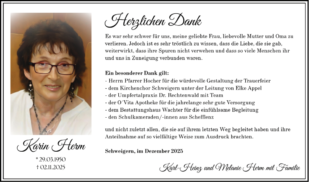  Traueranzeige für Karin Herm vom 20.12.2025 aus Fränkische Nachrichten