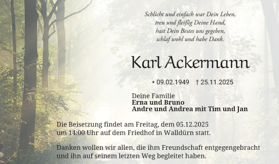 Traueranzeige von Karl Ackermann von Fränkische Nachrichten