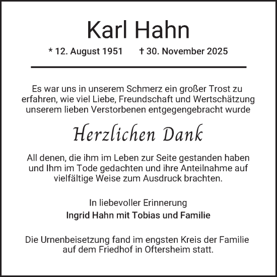 Traueranzeige von Karl Hahn von Schwetzinger Zeitung