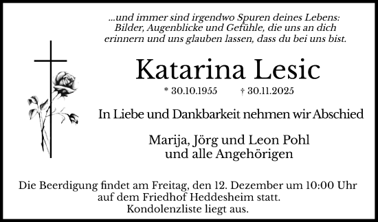 Traueranzeige von Katarina Lesic von Mannheimer Morgen
