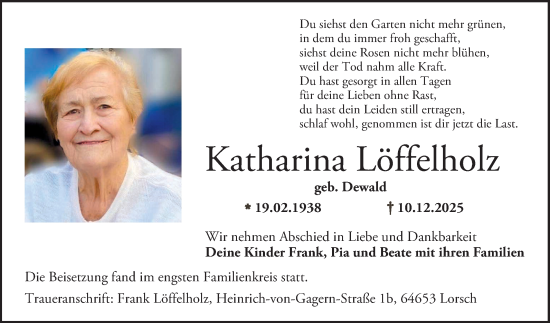 Traueranzeige von Katharina Löffelholz von Bergsträßer Anzeiger