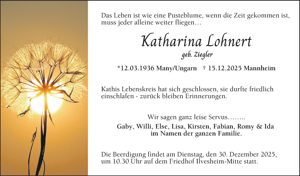  Traueranzeige für Katharina Lohnert vom 20.12.2025 aus Mannheimer Morgen