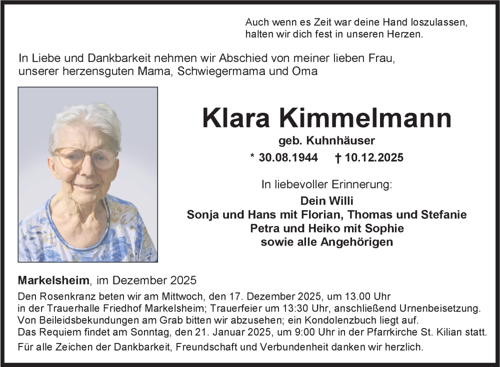  Traueranzeige für Klara Kimmelmann vom 13.12.2025 aus Fränkische Nachrichten