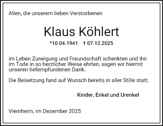 Traueranzeige von Klaus Köhlert von Mannheimer Morgen