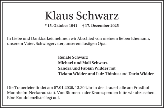 Traueranzeige von Klaus Schwarz von Mannheimer Morgen