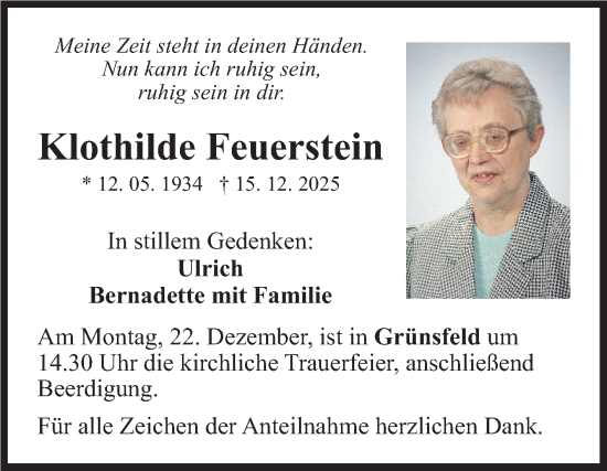 Traueranzeige von Klothilde Feuerstein von Fränkische Nachrichten