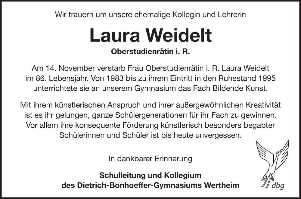  Traueranzeige für Laura Weidelt vom 03.12.2025 aus Fränkische Nachrichten