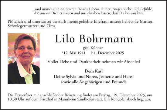 Traueranzeige von Lilo Bohrmann von Mannheimer Morgen