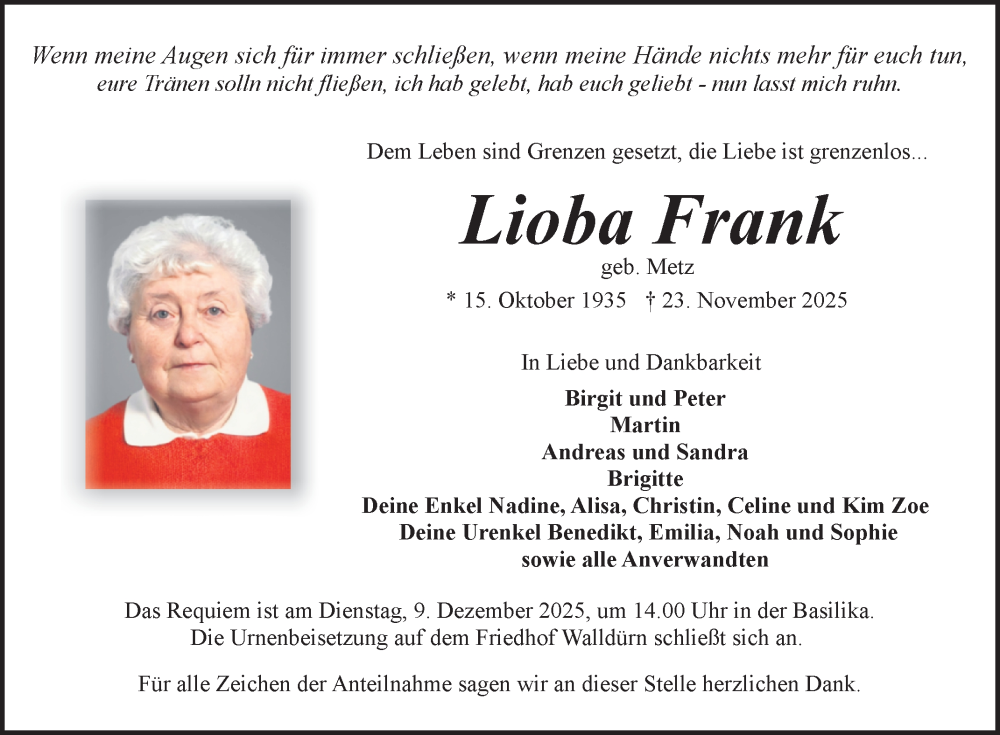  Traueranzeige für Lioba Frank vom 06.12.2025 aus Fränkische Nachrichten