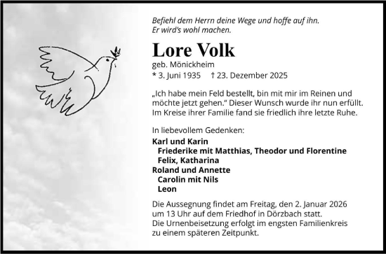 Traueranzeige von Lore Volk von Fränkische Nachrichten