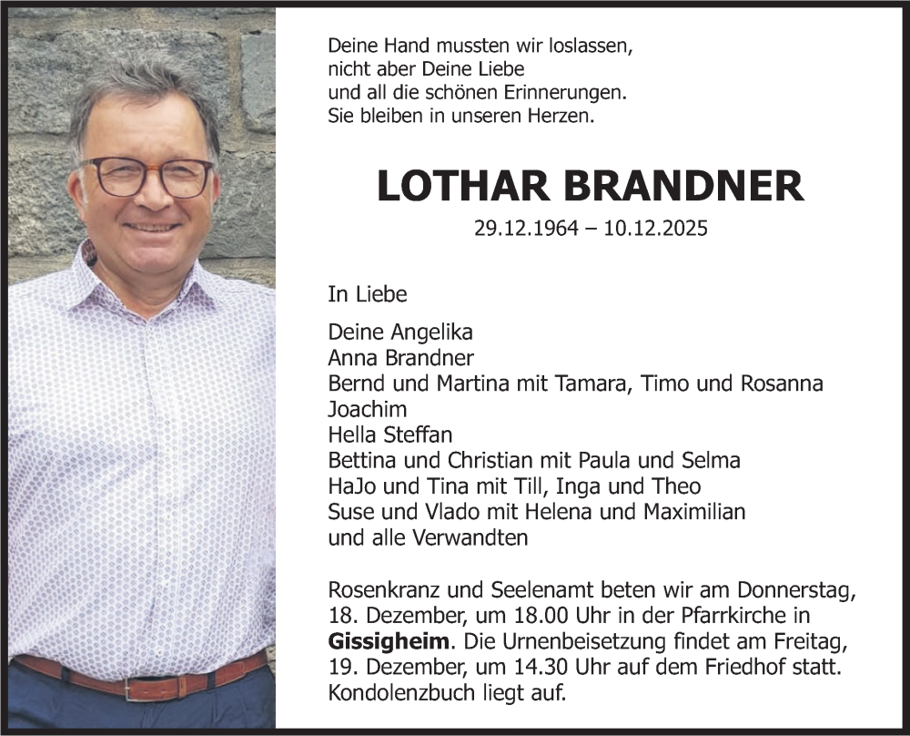  Traueranzeige für Lothar Brandner vom 13.12.2025 aus Fränkische Nachrichten