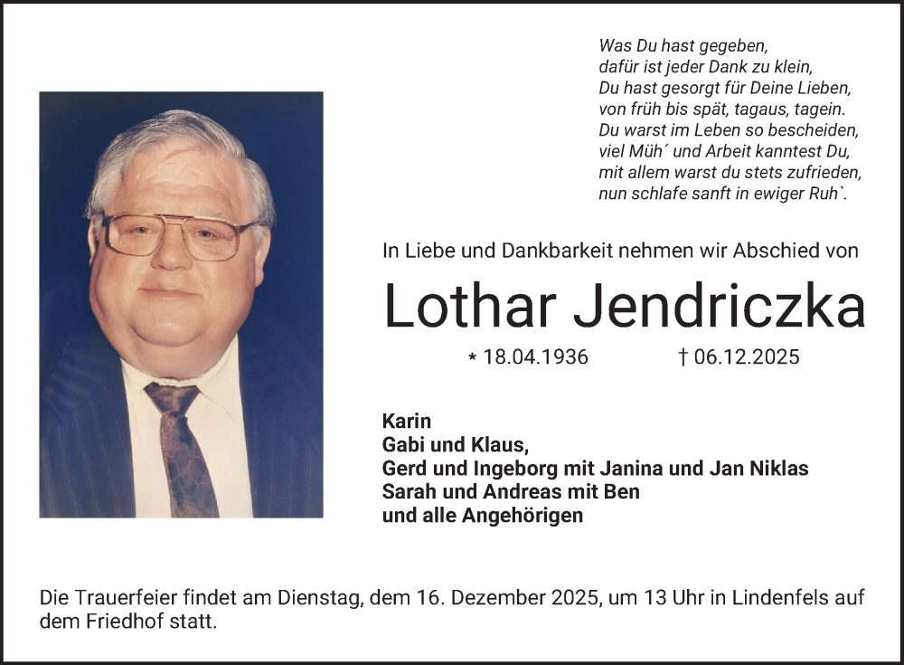  Traueranzeige für Lothar Jendriczka vom 13.12.2025 aus Bergsträßer Anzeiger