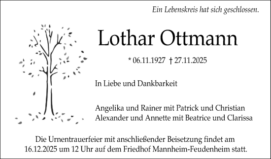 Traueranzeige von Lothar Ottmann von Mannheimer Morgen