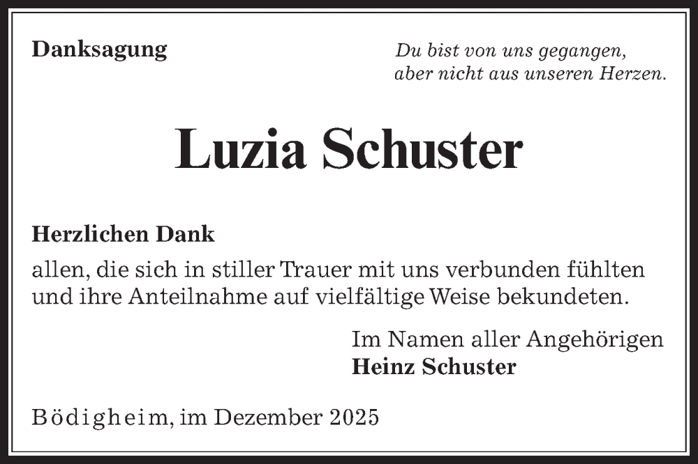  Traueranzeige für Luzia Schuster vom 13.12.2025 aus Fränkische Nachrichten