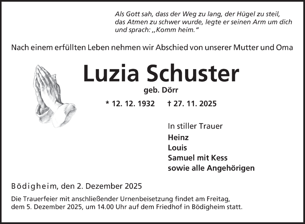  Traueranzeige für Luzia Schuster vom 02.12.2025 aus Fränkische Nachrichten