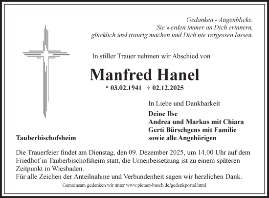 Traueranzeige von Manfred Hanel von Fränkische Nachrichten