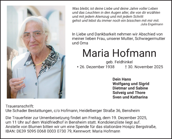Traueranzeige von Maria Hofmann von Bergsträßer Anzeiger