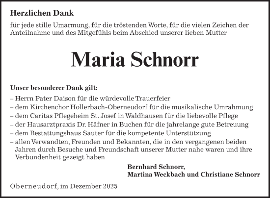 Traueranzeige von Maria Schnorr von Fränkische Nachrichten